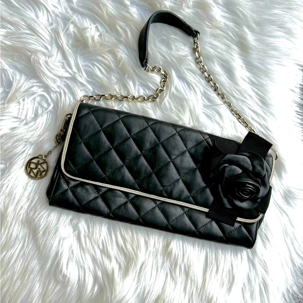DKNY Quilted Leather Shoulder Bag Chain Flower Clutch Black White
